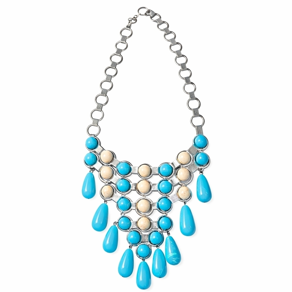Turquoise & Ivory Western Boho Bib Necklace | Silver-Tone Chain - Picture 3 of 6